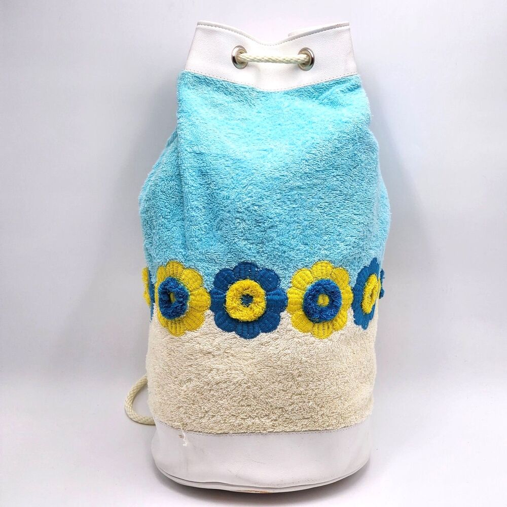 TOCCA VTG RARE Flower Terrycloth Beach Sack Drawstring Backpack Bag Blue Yellow